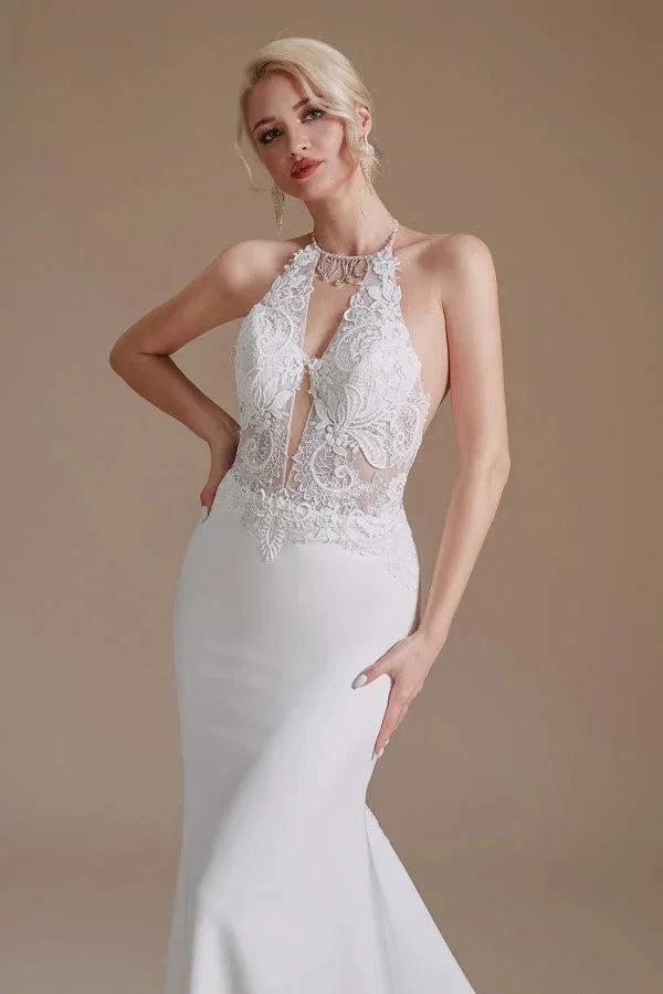 Modest Long Mermaid Halter Backless Satin Wedding Dresses with Appliques Lace - Image 6
