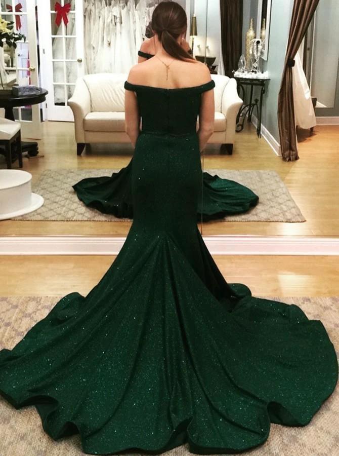 Modest Long Mermaid Off-the-shoulder Green Prom Dress - Image 2