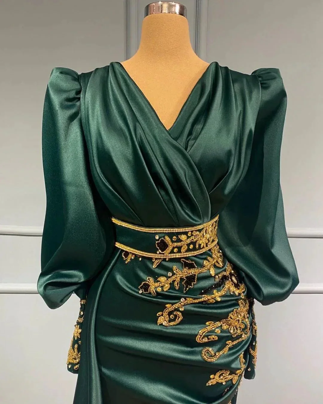 Modest Long Mermaid Satin Beading V-neck Prom Dress with Sleeves - Image 2