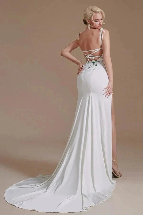 Modest Long Mermaid Satin Spaghetti Straps Open Back Wedding Dress with slit - Image 5