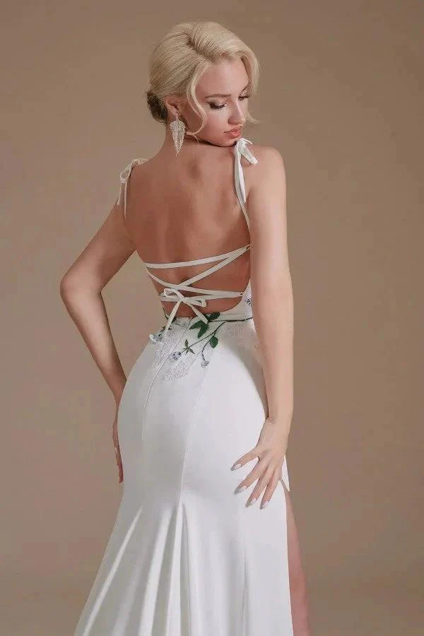Modest Long Mermaid Satin Spaghetti Straps Open Back Wedding Dress with slit - Image 7