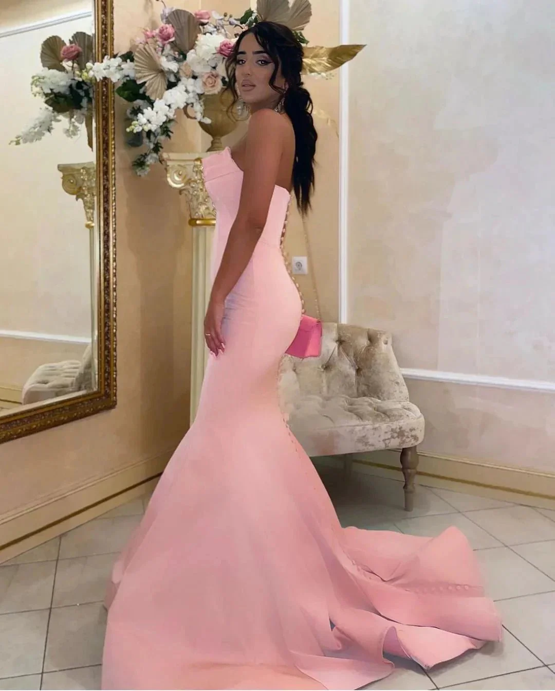 Modest Long Mermaid Strapless Satin Pink Prom Dress - Image 2