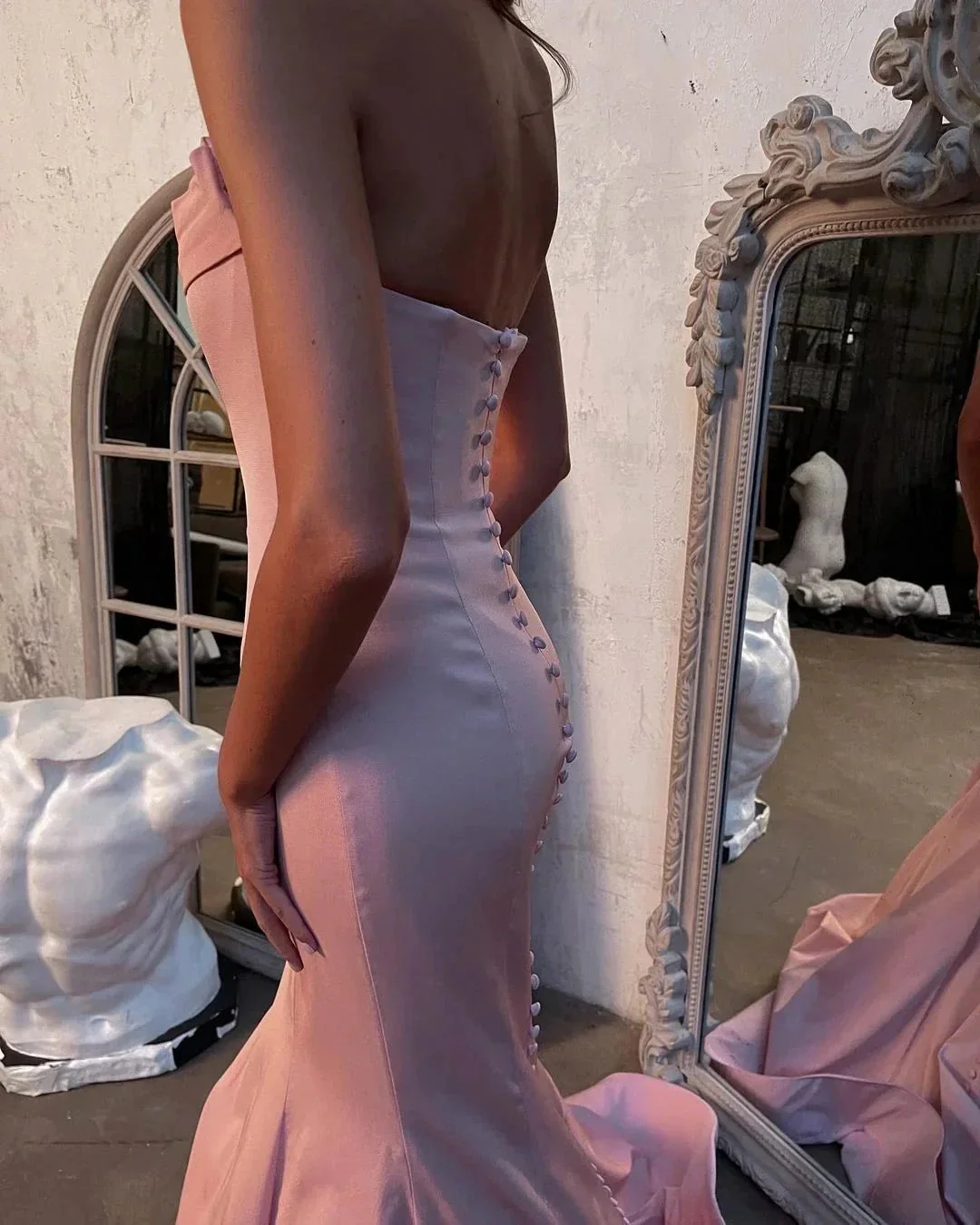 Modest Long Mermaid Strapless Satin Pink Prom Dress - Image 3