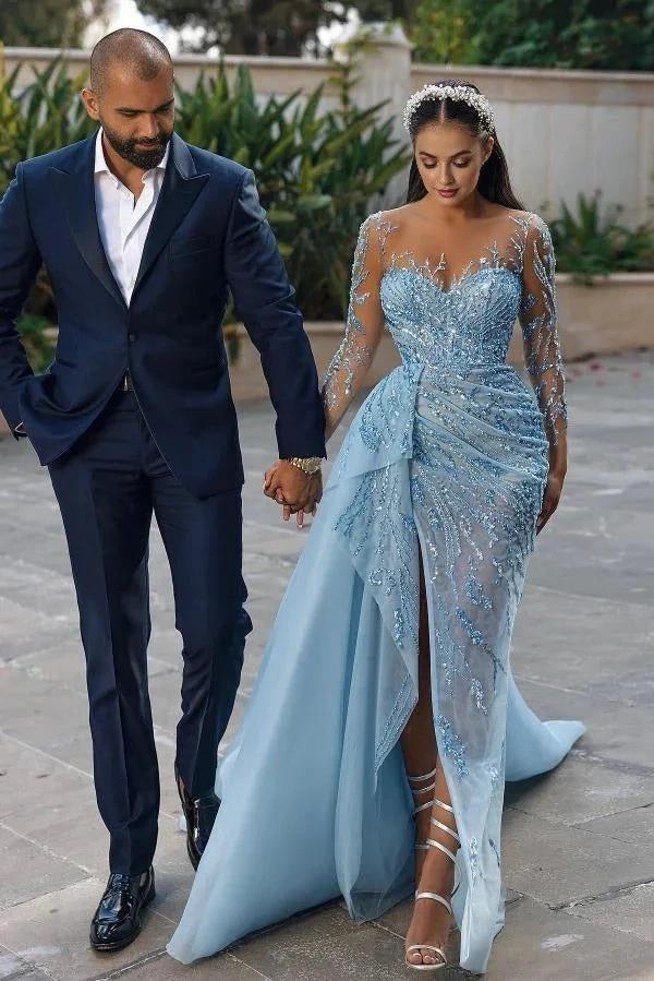 Modest Long Mermaid Sweetheart Sparkle Front Slit Prom Dress with Sleeves - Image 2