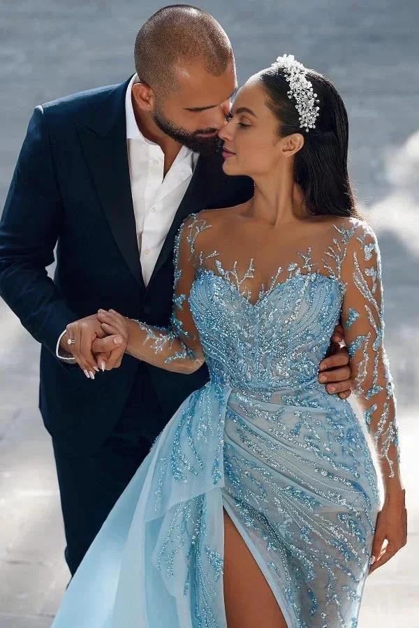 Modest Long Mermaid Sweetheart Sparkle Front Slit Prom Dress with Sleeves - Image 3