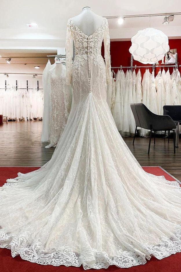 Modest Long Mermaid Sweetheart Tulle Lace Wedding Dress with Sleeves - Image 2