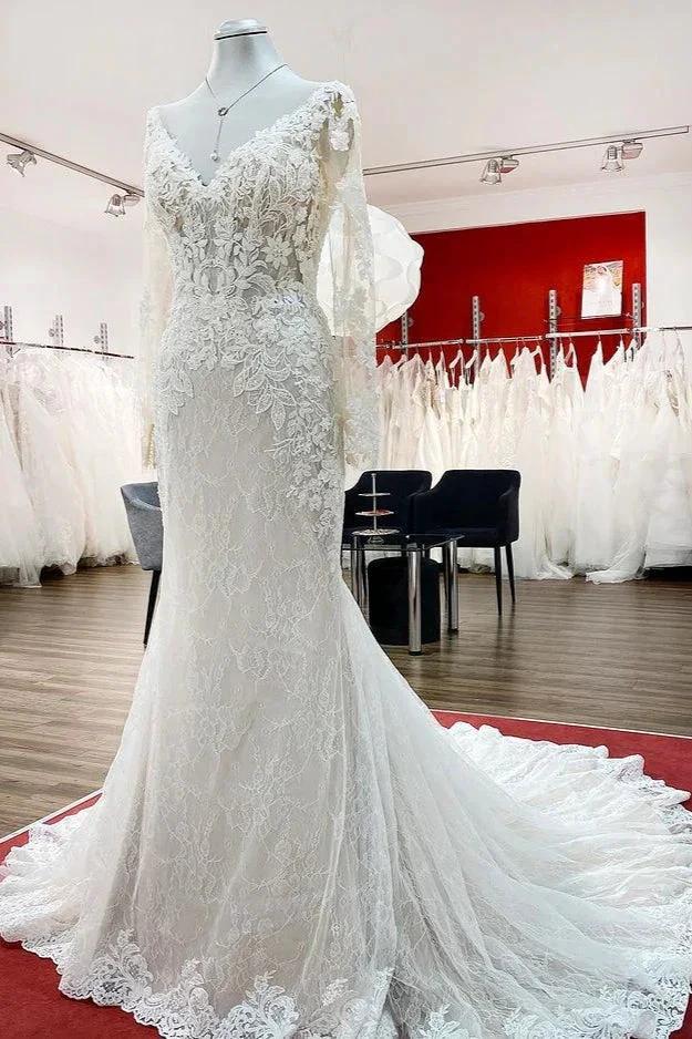 Modest Long Mermaid Sweetheart Tulle Lace Wedding Dress with Sleeves - Image 3