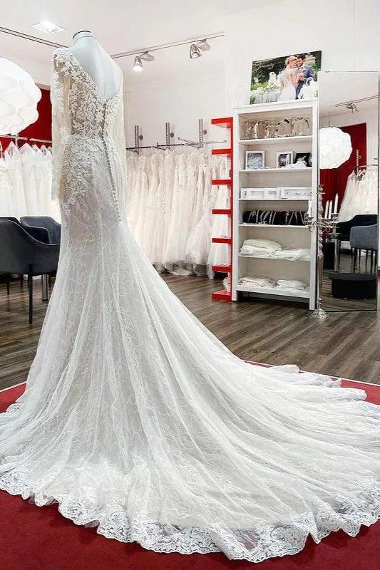 Modest Long Mermaid Sweetheart Tulle Lace Wedding Dress with Sleeves - Image 4