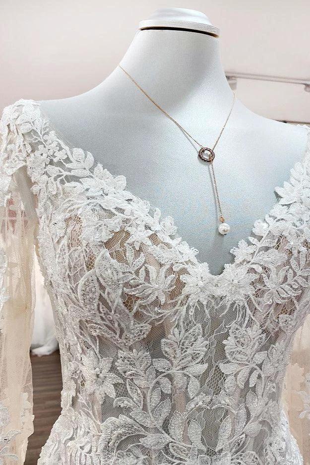 Modest Long Mermaid Sweetheart Tulle Lace Wedding Dress with Sleeves - Image 5