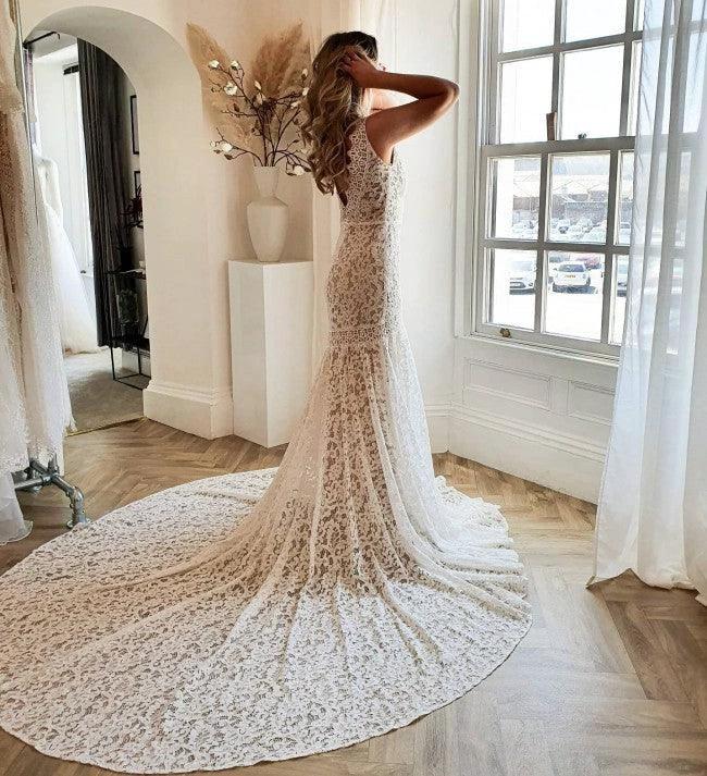 Modest Long Mermaid V-neck Open Back Lace Wedding Dress - Image 2