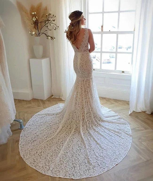 Modest Long Mermaid V-neck Open Back Lace Wedding Dress - Image 3