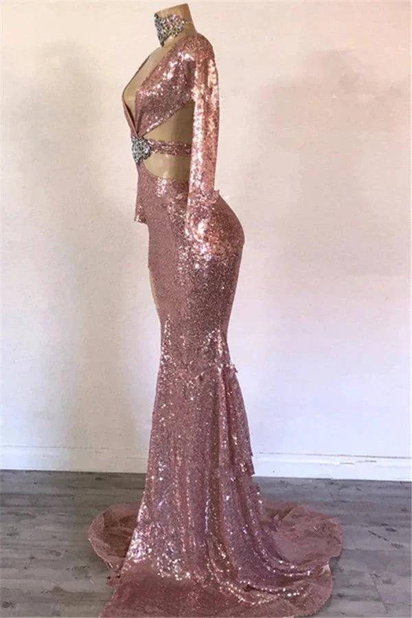 Modest Long Mermaid V-neck Sequined Front Slit Prom Dress with Sleeves - Image 2