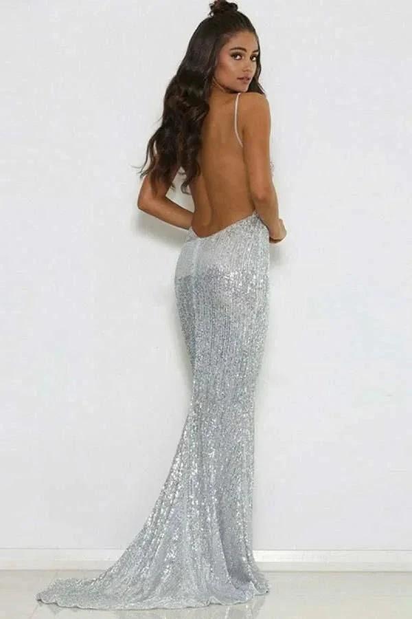 Modest Long Mermaid V-neck Sequined Open Back Prom Dress - Image 2