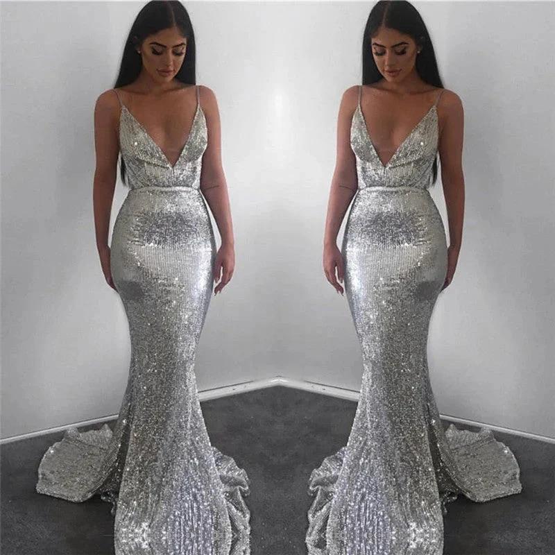 Modest Long Mermaid V-neck Sequined Open Back Prom Dress - Image 3