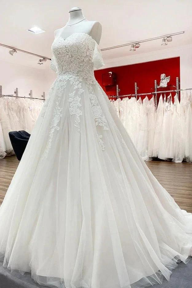 Modest Long Princess Off The Shoulder Tulle Lace Wedding Dress - Image 3