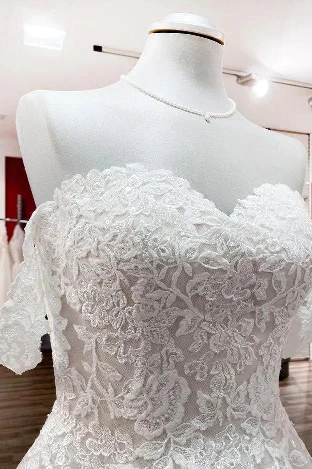 Modest Long Princess Off The Shoulder Tulle Lace Wedding Dress - Image 4