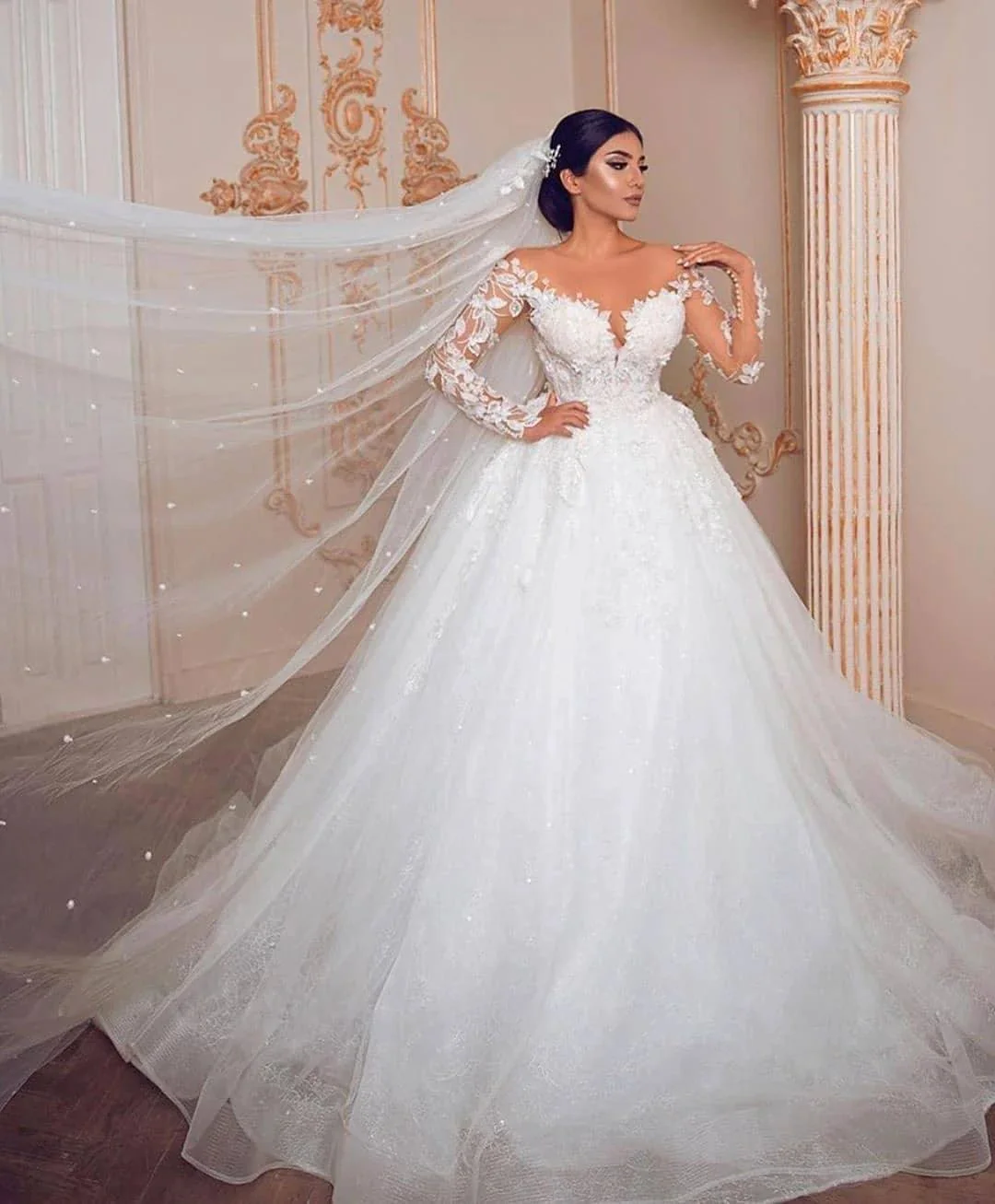 Modest Long Princess Tulle Lace Wedding Dress with Sleeves - Image 2