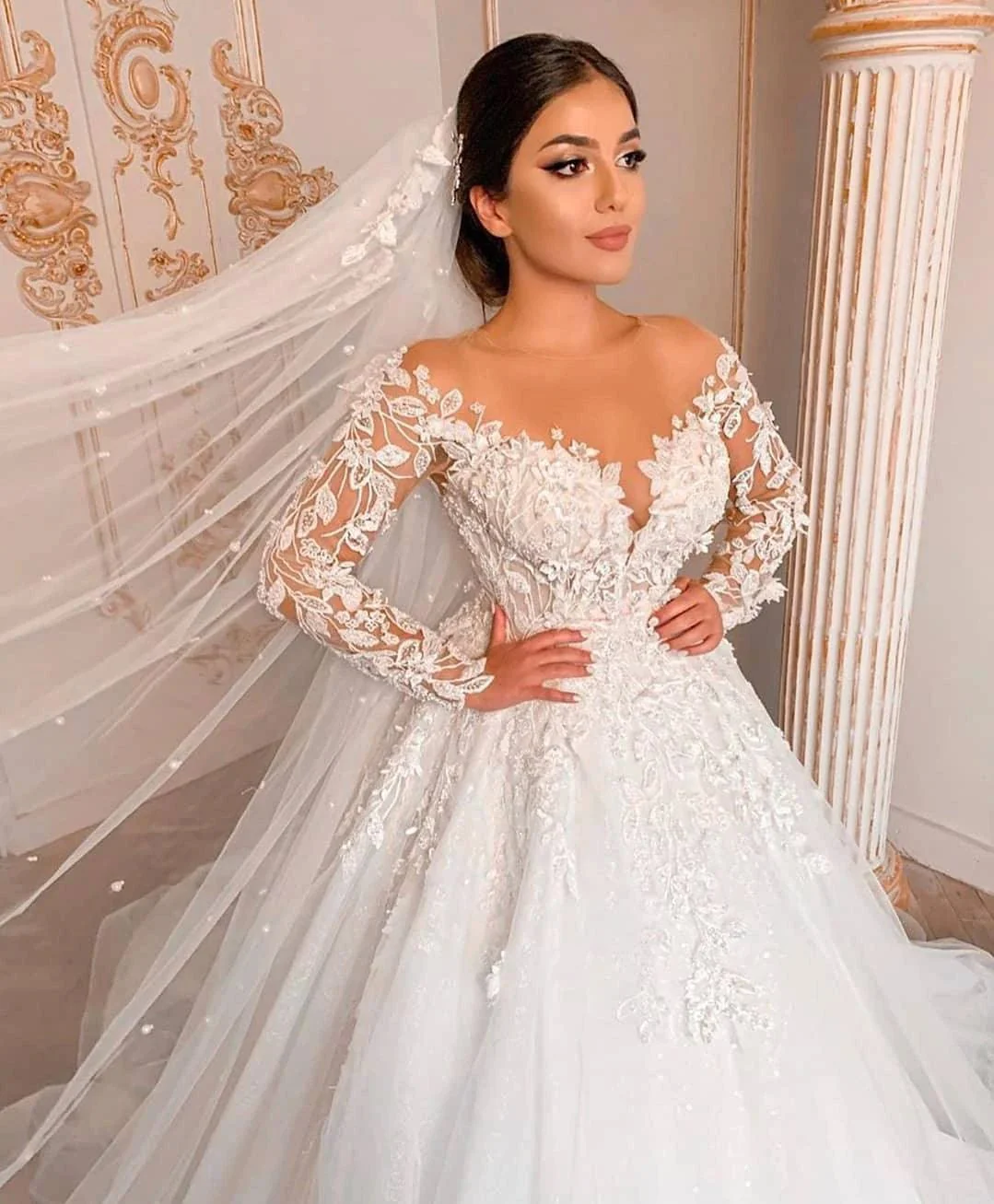 Modest Long Princess Tulle Lace Wedding Dress with Sleeves - Image 3