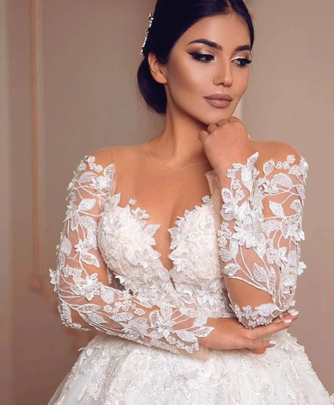 Modest Long Princess Tulle Lace Wedding Dress with Sleeves - Image 4