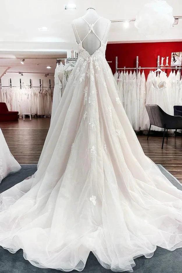 Modest Long Princess V-neck Tulle Spaghetti Straps Wedding Dress with Lace - Image 2