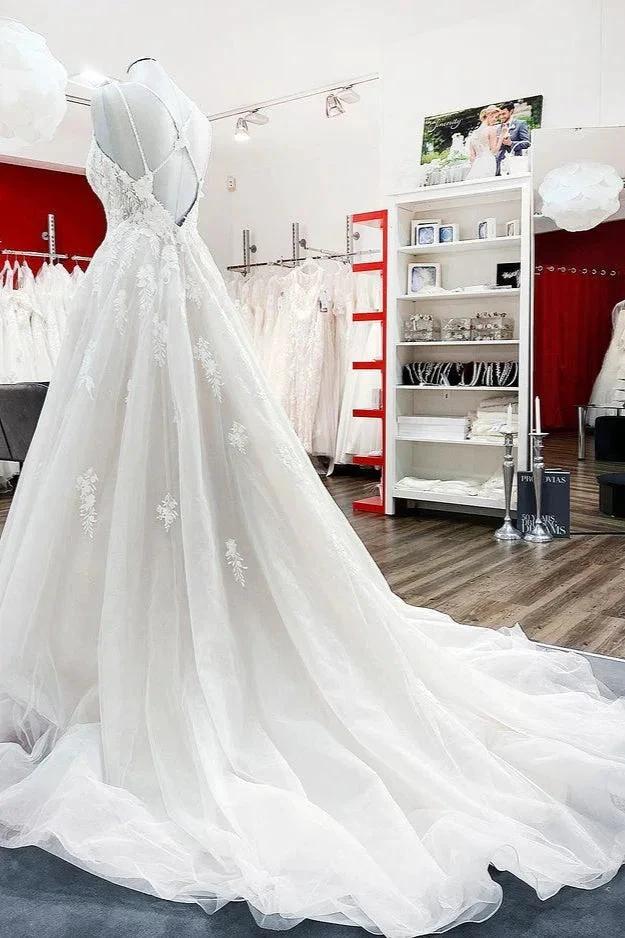 Modest Long Princess V-neck Tulle Spaghetti Straps Wedding Dress with Lace - Image 3