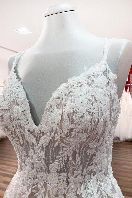 Modest Long Princess V-neck Tulle Spaghetti Straps Wedding Dress with Lace - Image 4
