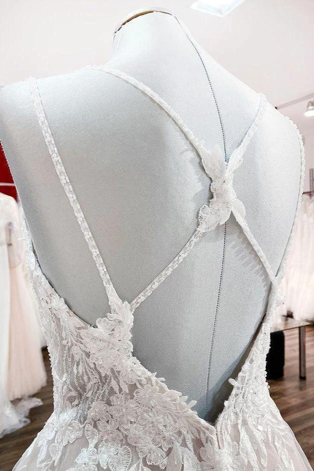 Modest Long Princess V-neck Tulle Spaghetti Straps Wedding Dress with Lace - Image 5