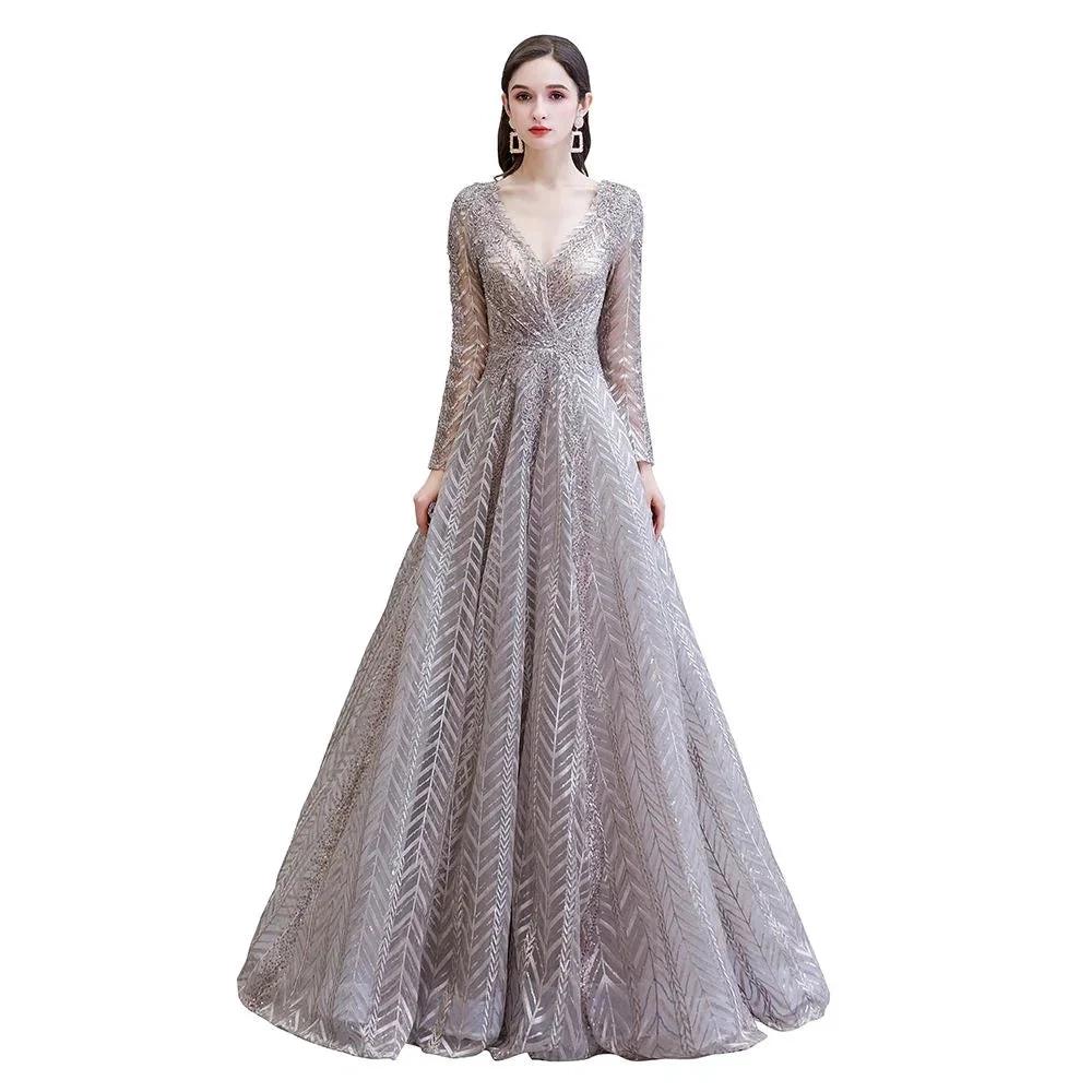 Modest Long Sleeves V-Neck Princess Prom Dress Sequined Aline Party Gown - Image 10