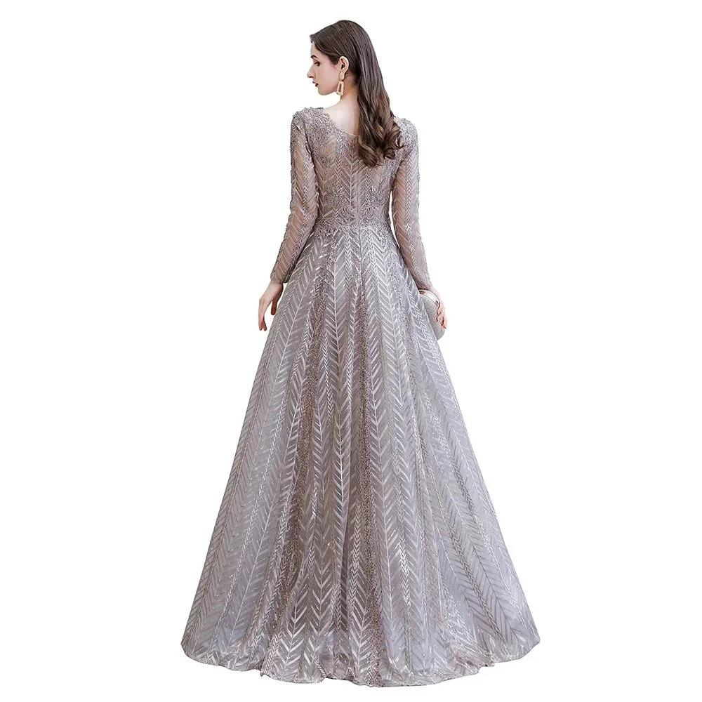 Modest Long Sleeves V-Neck Princess Prom Dress Sequined Aline Party Gown - Image 12
