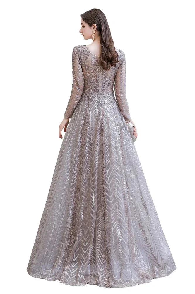 Modest Long Sleeves V-Neck Princess Prom Dress Sequined Aline Party Gown - Image 13