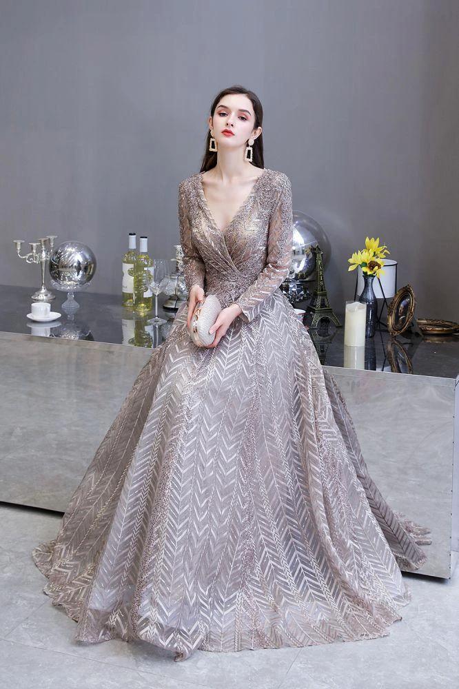 Modest Long Sleeves V-Neck Princess Prom Dress Sequined Aline Party Gown - Image 14