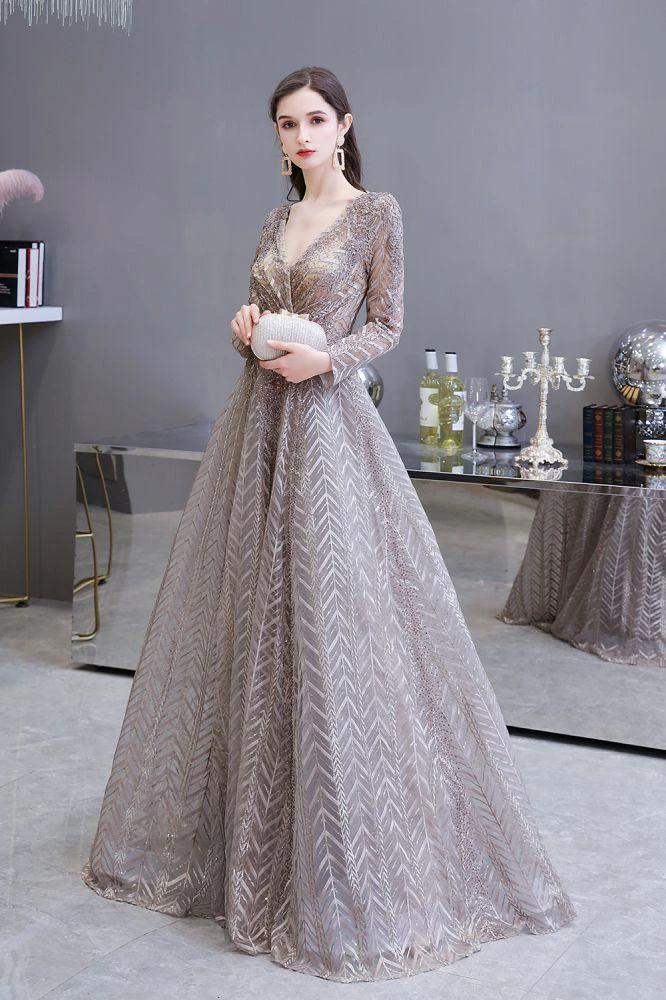 Modest Long Sleeves V-Neck Princess Prom Dress Sequined Aline Party Gown - Image 2