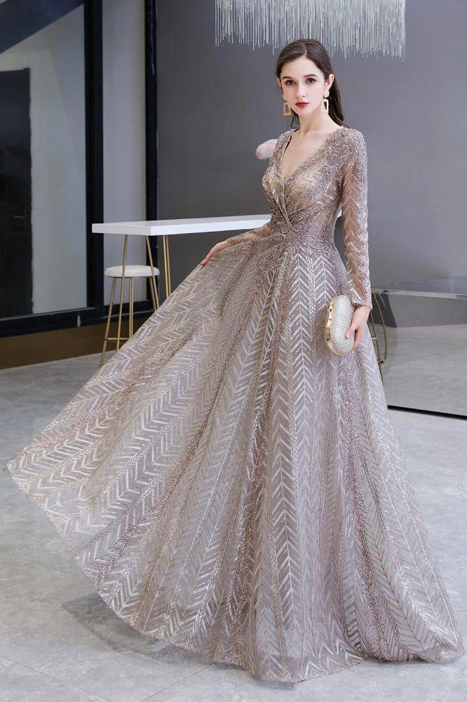 Modest Long Sleeves V-Neck Princess Prom Dress Sequined Aline Party Gown - Image 3