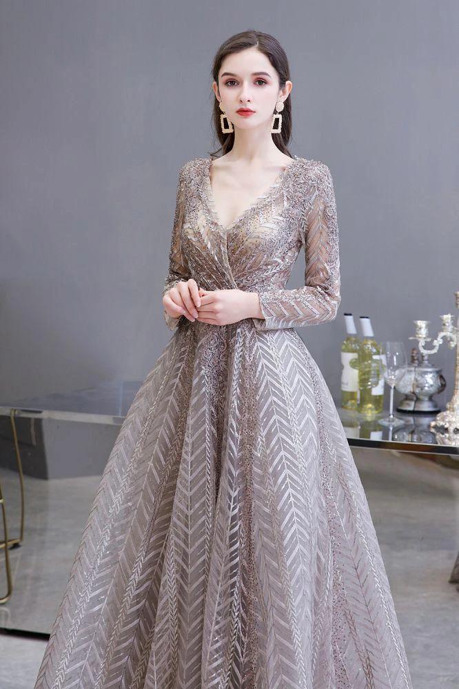 Modest Long Sleeves V-Neck Princess Prom Dress Sequined Aline Party Gown - Image 4