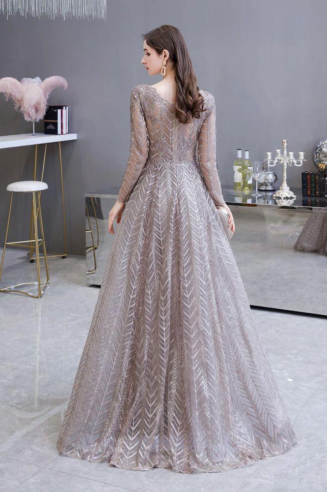 Modest Long Sleeves V-Neck Princess Prom Dress Sequined Aline Party Gown - Image 6