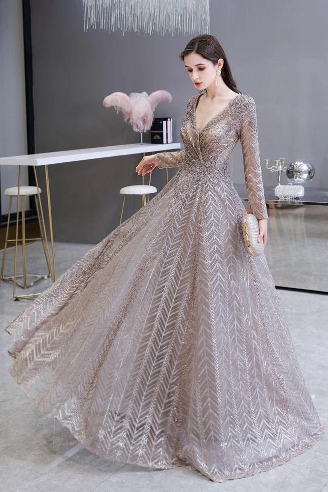 Modest Long Sleeves V-Neck Princess Prom Dress Sequined Aline Party Gown - Image 7