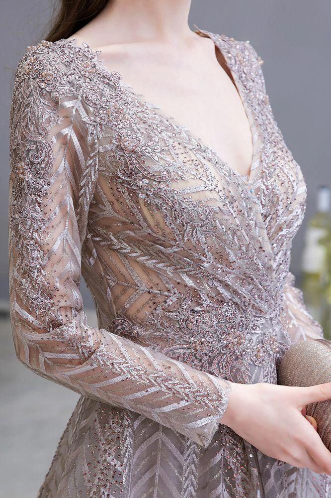 Modest Long Sleeves V-Neck Princess Prom Dress Sequined Aline Party Gown - Image 8
