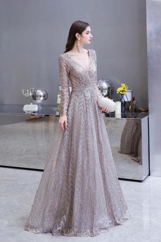 Modest Long Sleeves V-Neck Princess Prom Dress Sequined Aline Party Gown - Image 9