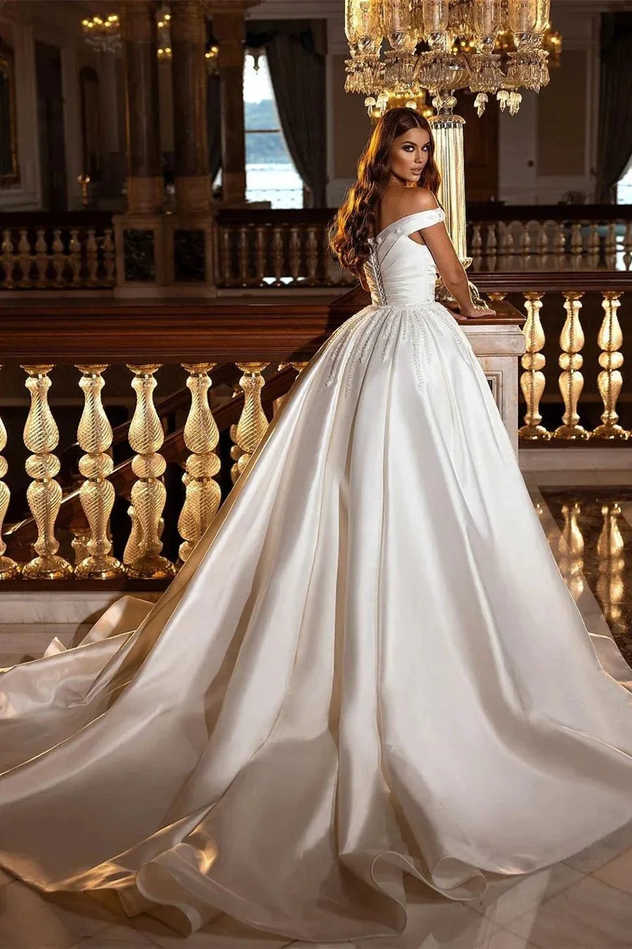 Modest Off-the-Shoulder Satin Wedding Dress with Detachable Sweep Train - Image 2