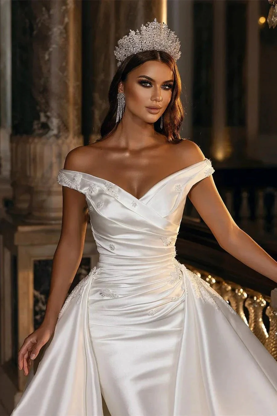Modest Off-the-Shoulder Satin Wedding Dress with Detachable Sweep Train - Image 3
