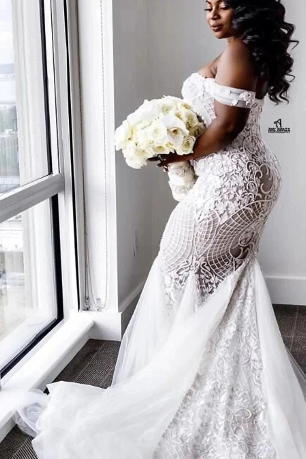Modest Plus Size Long Mermaid Off-the-Shoulder Lace Wedding Dresses - Image 2