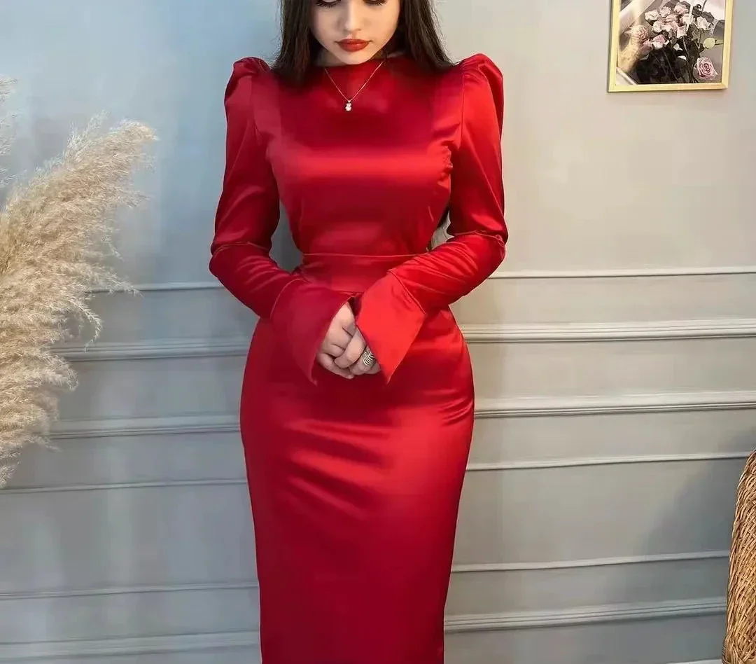 Modest Red Long Sleeves Evening Dress Simple Red Prom Dress Y6564 - Image 2