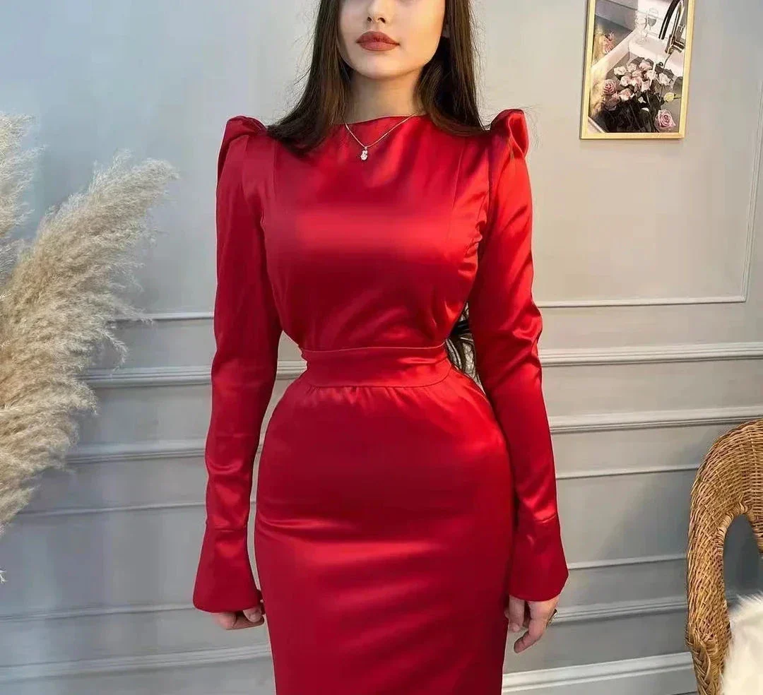 Modest Red Long Sleeves Evening Dress Simple Red Prom Dress Y6564 - Image 3