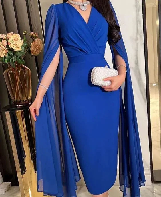 Modest Royal Blue Sheath Short Evening Dress Royal Blue Party Gown Y6734 - Image 2