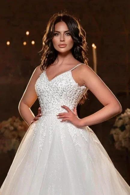 Modest Spaghetti Strap Sleevesless A-Line Floor-Length Tulle Wedding Dresses with Applique - Image 2