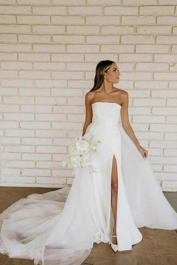 Modest Strapless Satin Detachable Tulle Wedding Dresses WD675 - Image 2