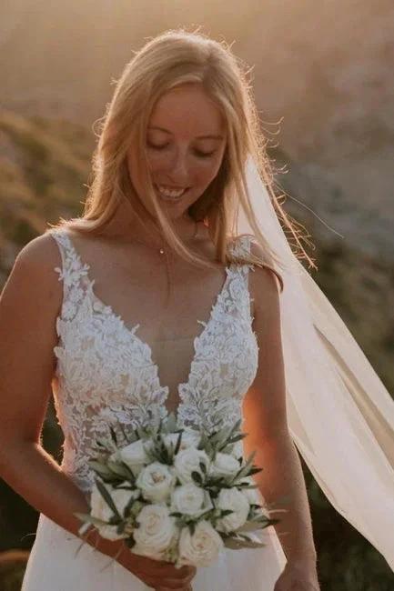 Modest Straps Sleeveless Column Floor-Length Tulle Wedding Dresses with Appliques - Image 3