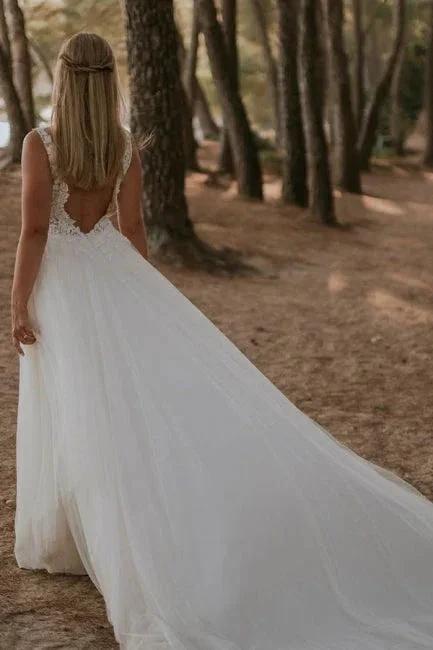 Modest Straps Sleeveless Column Floor-Length Tulle Wedding Dresses with Appliques - Image 4