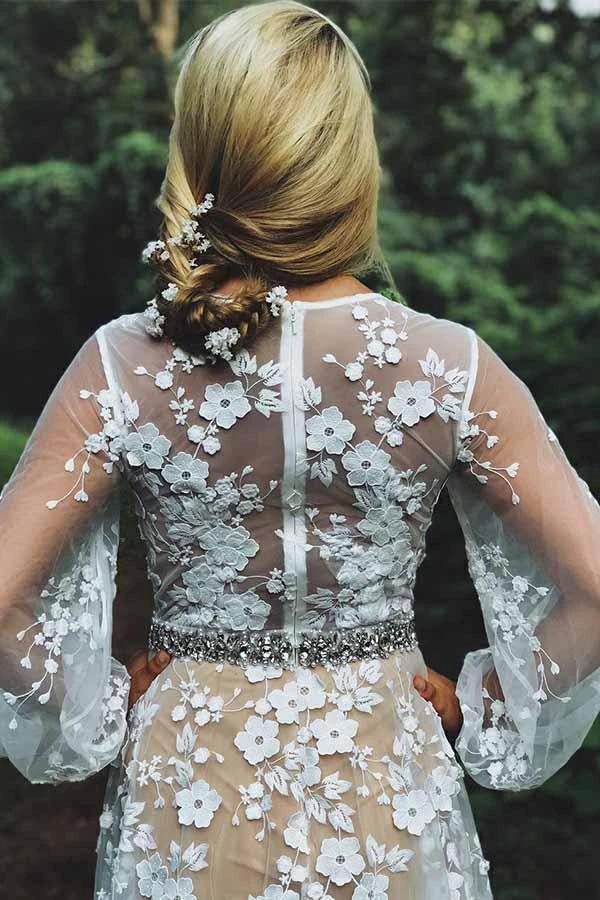 Modest V-neck White Lace Long Sleeves Wedding Dress with Beading  WD330 - Image 2