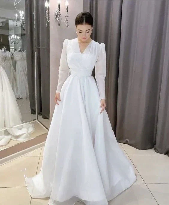 Modest White A-line Long Sleeves Wedding Dress,White Bridal Dress  Y6719 - Image 2